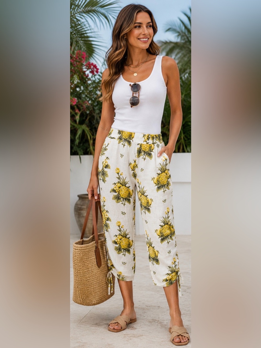 573 Tahari 100% Linen Pineapple Print Cropped Pants Women’s Medium Tropical